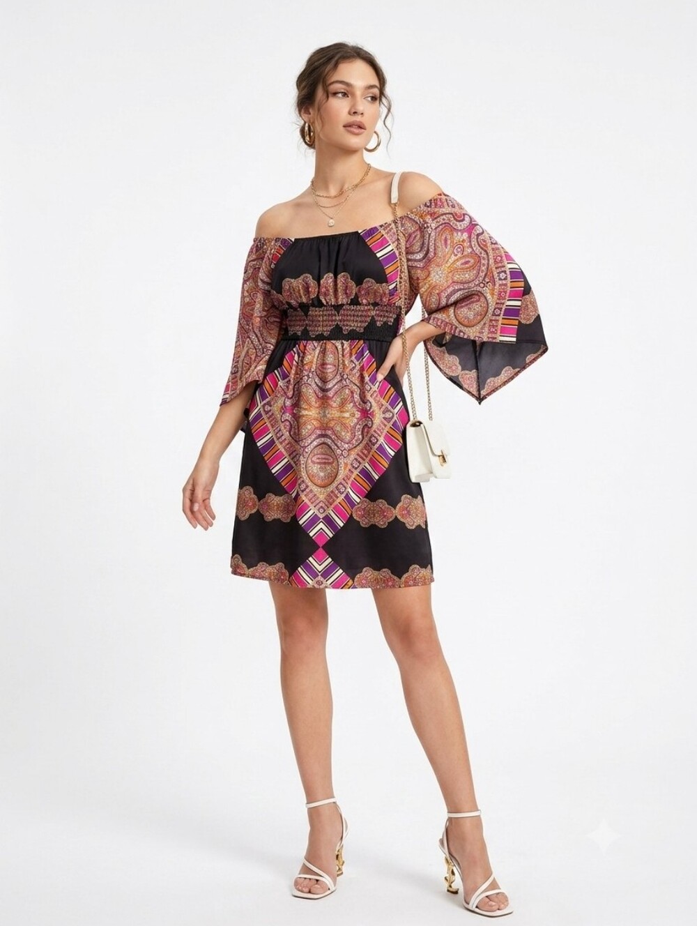 Vintage!!! Silk Black Boho Women's Dress with Paisley Accents Size M